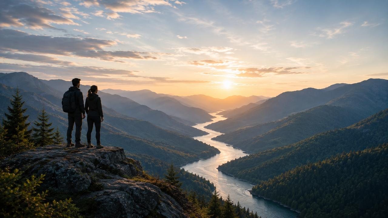 Two people overlooking a mountain valley and river at sunrise